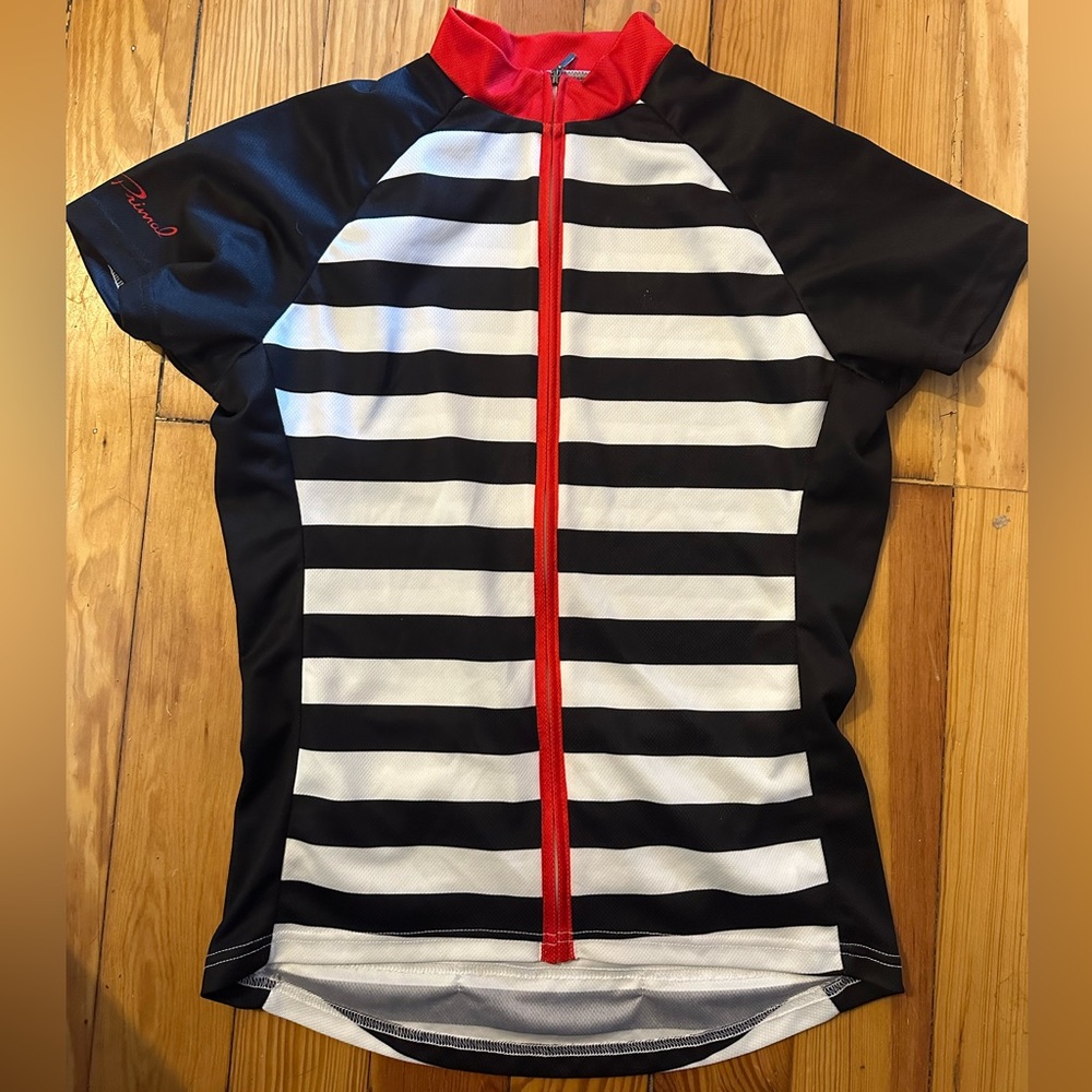 Primal bike jersey women’s M. Black + white stripes, red zip + accents. Like new